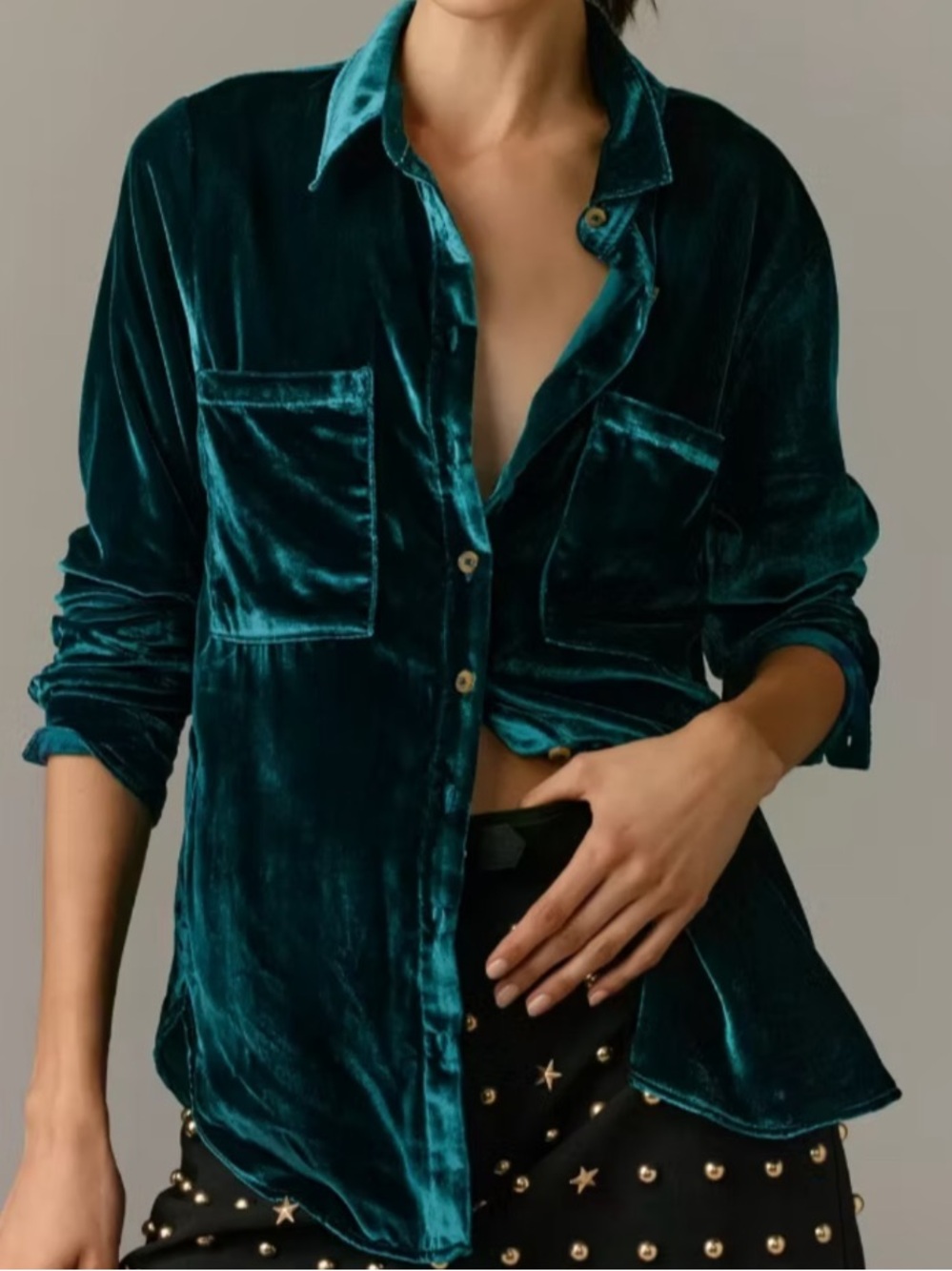 NEW Anthropologie Pilcro Velvet Hadley Relaxed Button Down Shirt Green Small Top - Picture 8 of 16